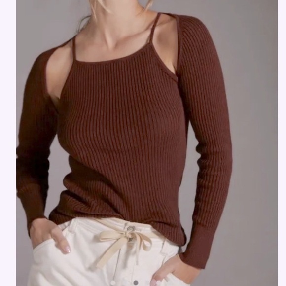 by Anthropologie Brown Ribbed Double Cut Out Knit Sweater Cinnamon Size M - Picture 5 of 15